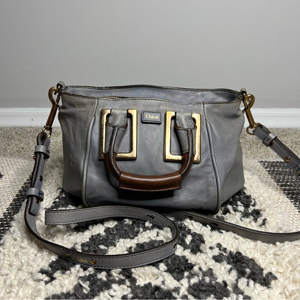 Chloe Gray Leather Satchel with Brown Top Handle and Gold Hardware